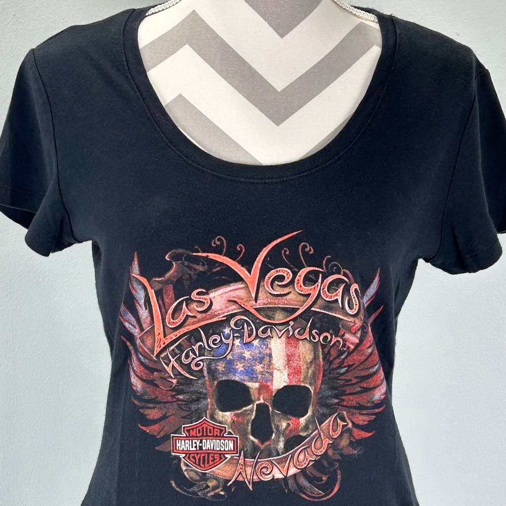 Harley Davidson Las Vegas Skull Flag Graphic T Shirt Womens Large Black Cotton - Picture 3 of 7